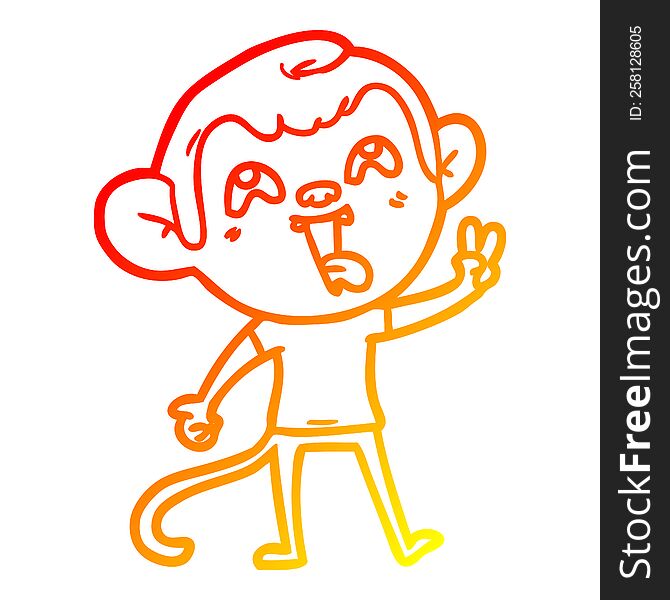 Warm Gradient Line Drawing Crazy Cartoon Monkey Giving Peace Sign