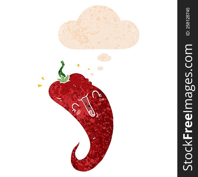 cartoon chili pepper with thought bubble in grunge distressed retro textured style. cartoon chili pepper with thought bubble in grunge distressed retro textured style