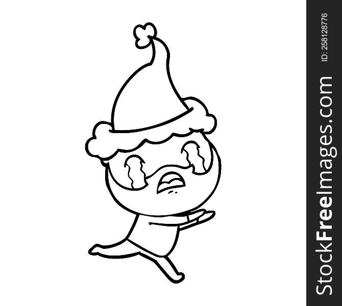 Line Drawing Of A Bearded Man Crying Wearing Santa Hat