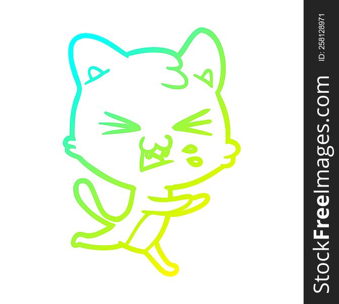 cold gradient line drawing of a cartoon cat hissing