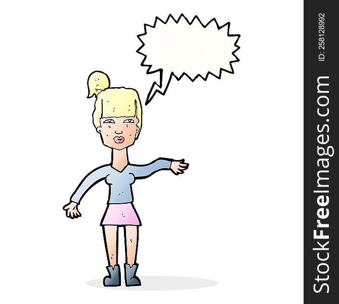 cartoon woman making dismissive gesture with thought bubble