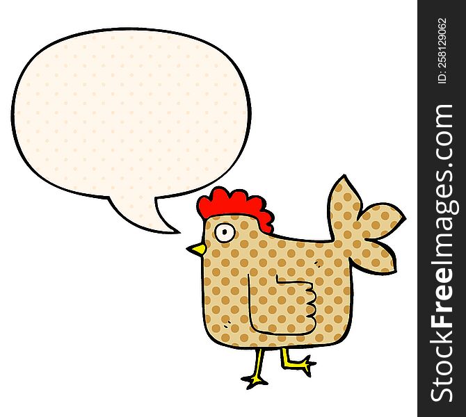 cartoon chicken with speech bubble in comic book style
