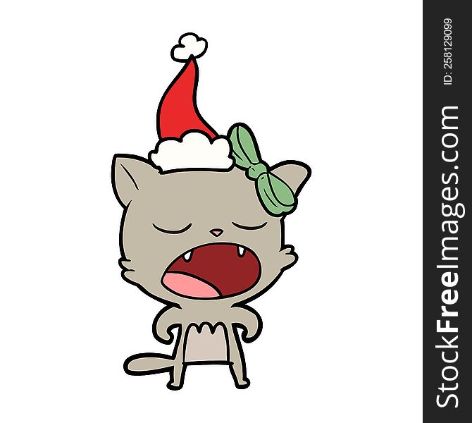 hand drawn line drawing of a cat meowing wearing santa hat