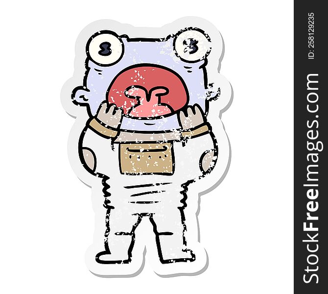 Distressed Sticker Of A Cartoon Alien Gasping In Surprise