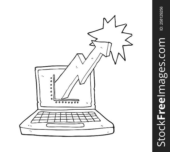 black and white cartoon laptop computer with business graph