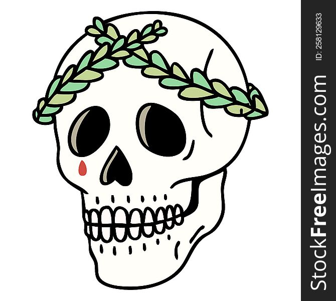 tattoo in traditional style of a skull with laurel wreath crown. tattoo in traditional style of a skull with laurel wreath crown