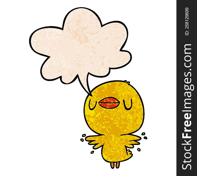 cute cartoon chick flapping wings with speech bubble in retro texture style