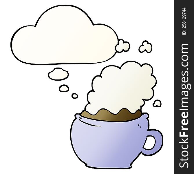 cartoon hot cup of coffee and thought bubble in smooth gradient style