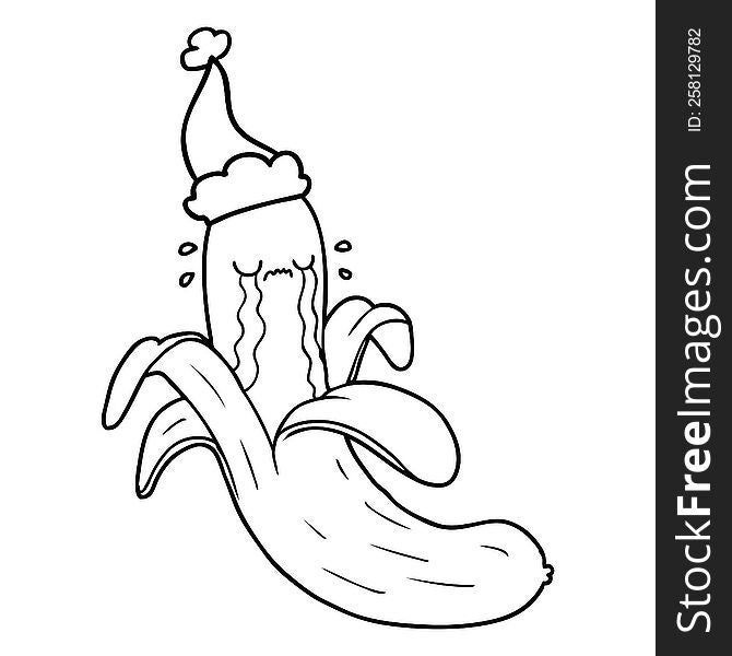 hand drawn line drawing of a crying banana wearing santa hat