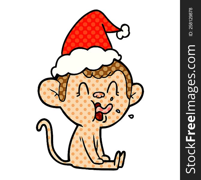 crazy comic book style illustration of a monkey sitting wearing santa hat