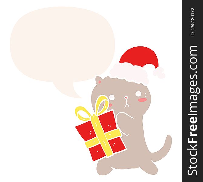 cute cartoon cat carrying christmas present with speech bubble in retro style