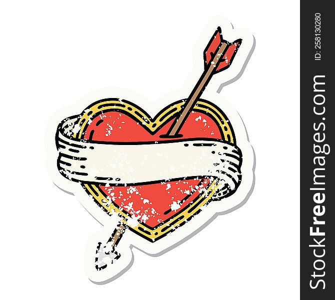 distressed sticker tattoo in traditional style of an arrow heart and banner. distressed sticker tattoo in traditional style of an arrow heart and banner