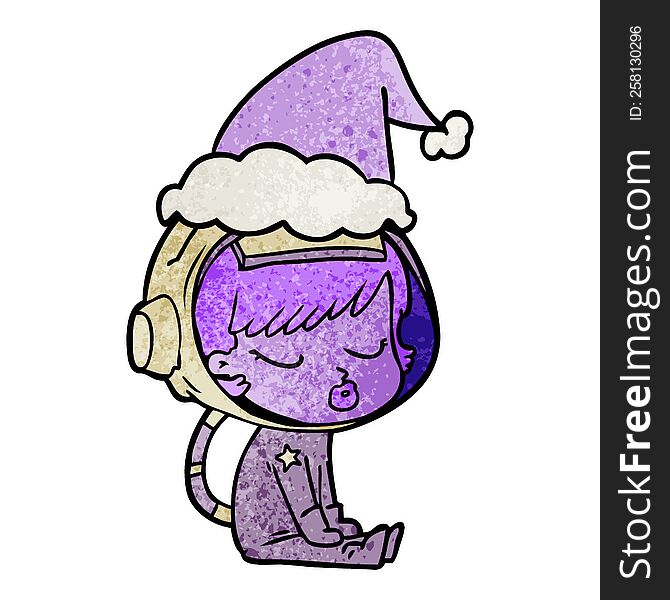 Textured Cartoon Of A Pretty Astronaut Girl Sitting Waiting Wearing Santa Hat