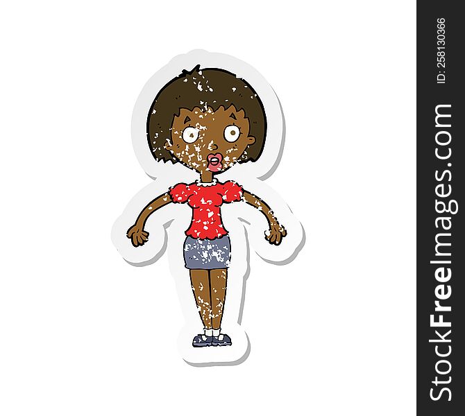 Retro Distressed Sticker Of A Cartoon Confused Woman Shrugging Shoulders