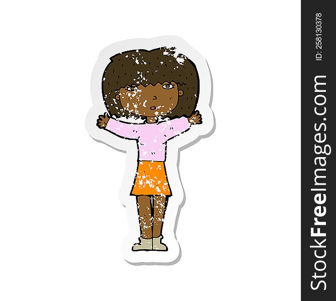 Retro Distressed Sticker Of A Cartoon Woman Raising Arms In Air