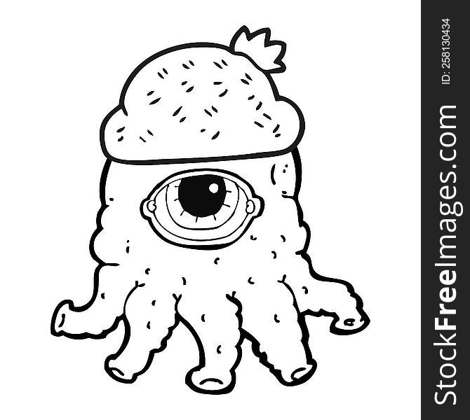freehand drawn black and white cartoon alien wearing  hat. freehand drawn black and white cartoon alien wearing  hat