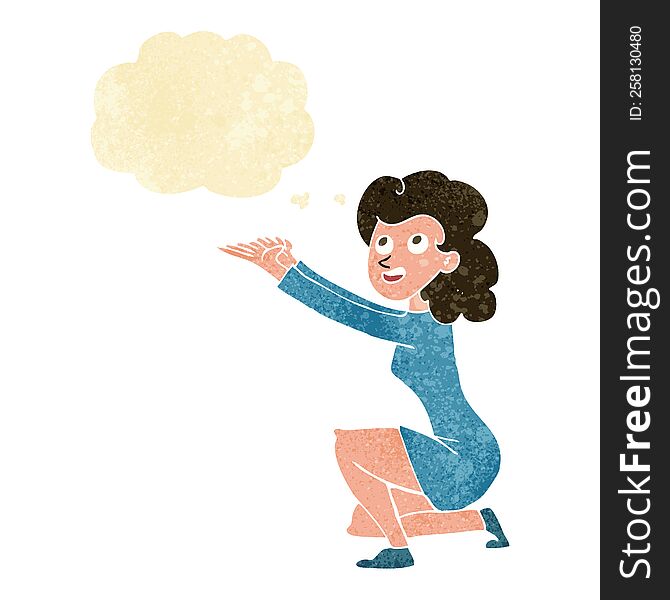 cartoon woman presentation gesture with thought bubble