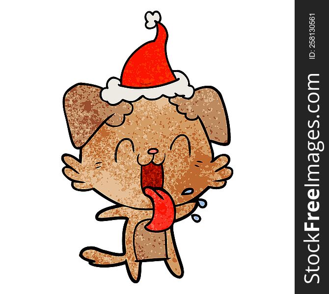 hand drawn textured cartoon of a panting dog wearing santa hat