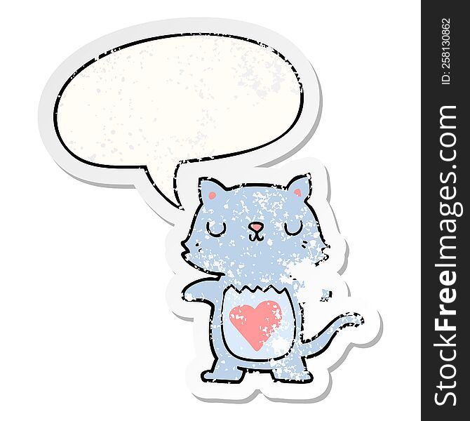 cute cartoon cat with speech bubble distressed distressed old sticker. cute cartoon cat with speech bubble distressed distressed old sticker