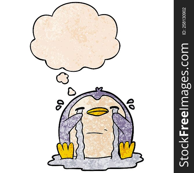 Cartoon Crying Penguin And Thought Bubble In Grunge Texture Pattern Style
