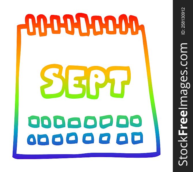 rainbow gradient line drawing of a cartoon calendar showing month of september