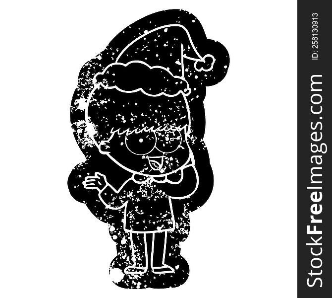 Happy Cartoon Distressed Icon Of A Boy Wearing Santa Hat