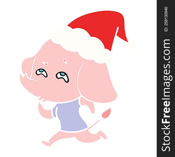 hand drawn flat color illustration of a elephant remembering wearing santa hat
