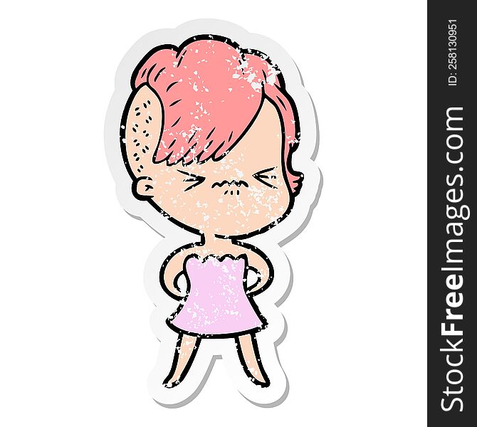 Distressed Sticker Of A Cartoon Annoyed Hipster Girl