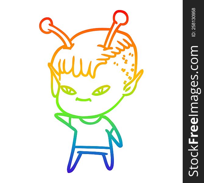 Rainbow Gradient Line Drawing Cute Cartoon Alien Girl