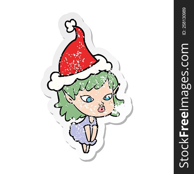 pretty distressed sticker cartoon of a elf girl wearing santa hat