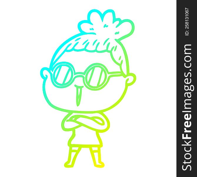 cold gradient line drawing of a cartoon woman wearing spectacles