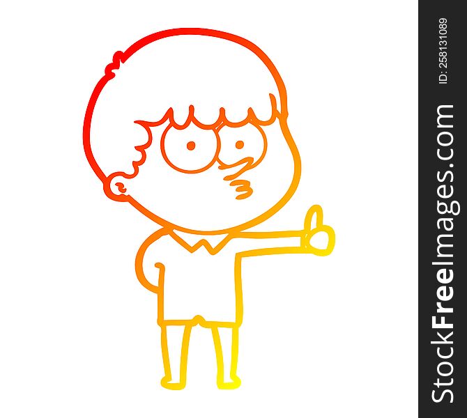warm gradient line drawing of a cartoon curious boy giving thumbs up sign