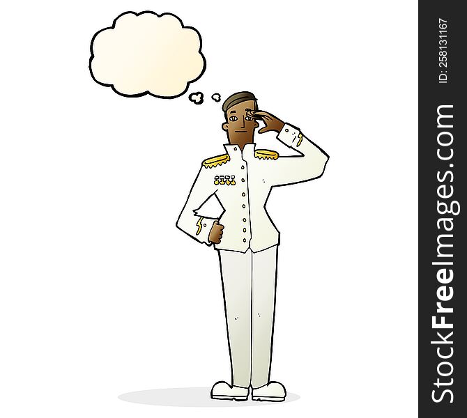 cartoon military man in dress uniform with thought bubble