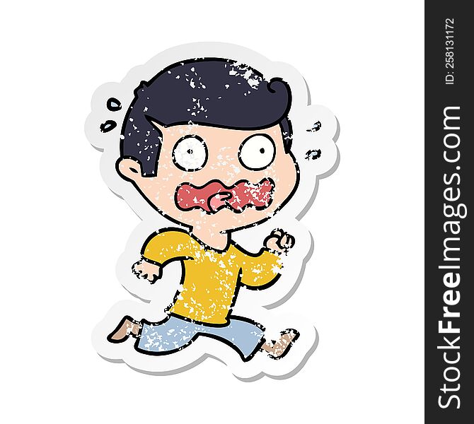 Distressed Sticker Of A Cartoon Man Totally Stressed Out