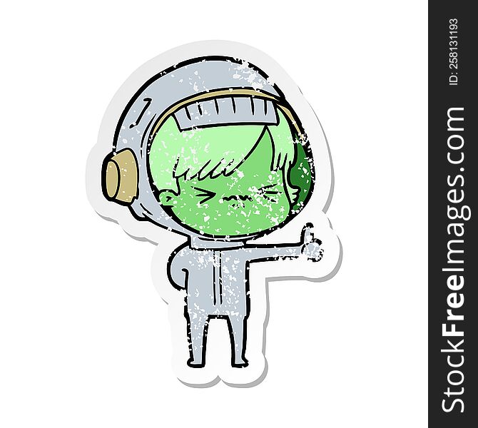distressed sticker of a annoyed cartoon space girl giving thumbs up sign