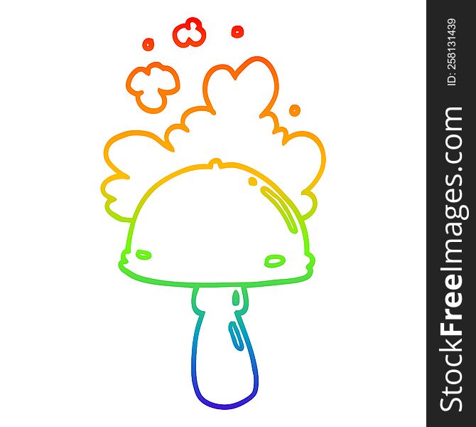 rainbow gradient line drawing of a cartoon mushroom with spore cloud