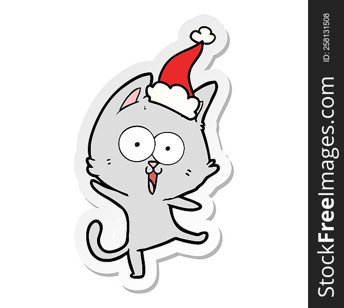 Funny Sticker Cartoon Of A Cat Wearing Santa Hat