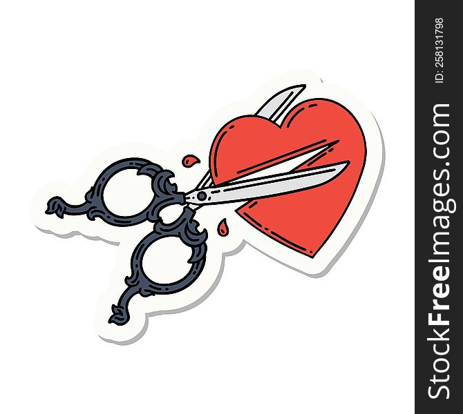 sticker of tattoo in traditional style of scissors cutting a heart. sticker of tattoo in traditional style of scissors cutting a heart