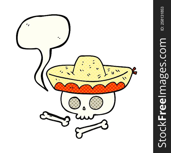 freehand drawn comic book speech bubble cartoon skull in mexican hat