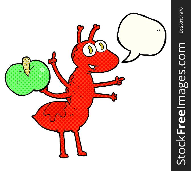 freehand drawn comic book speech bubble cartoon ant with apple
