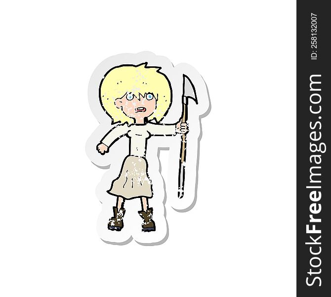 Retro Distressed Sticker Of A Cartoon Woman With Harpoon