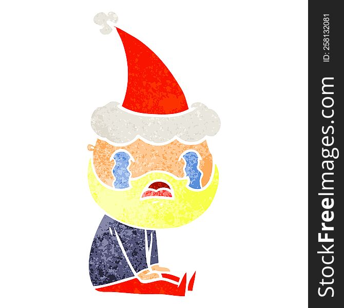 Retro Cartoon Of A Bearded Man Crying Wearing Santa Hat