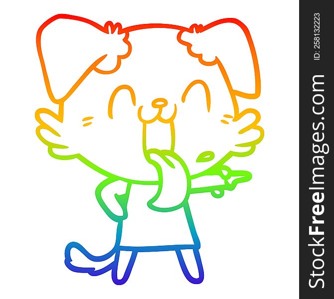 rainbow gradient line drawing of a cartoon panting dog in dress