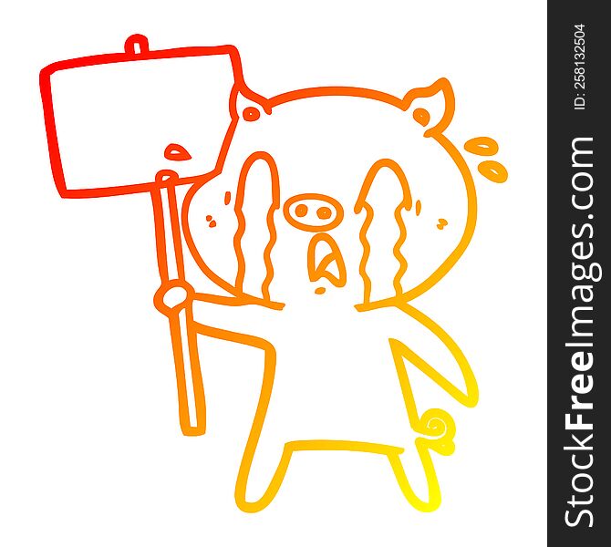 warm gradient line drawing of a crying pig cartoon with protest sign