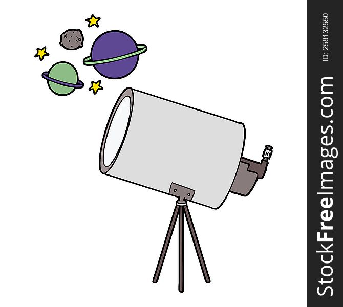cartoon telescope looking at planets. cartoon telescope looking at planets