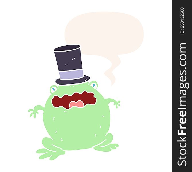 cartoon toad wearing top hat with speech bubble in retro style