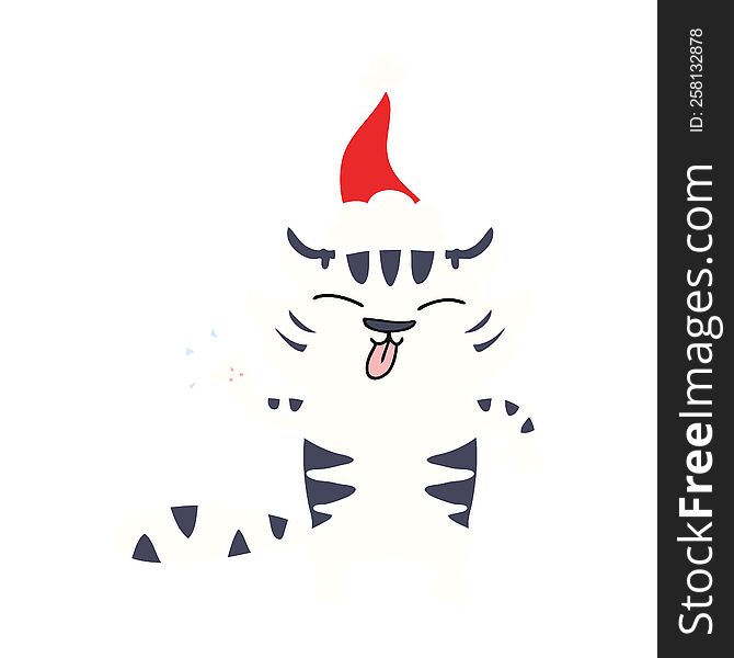 Flat Color Illustration Of A White Tiger Wearing Santa Hat