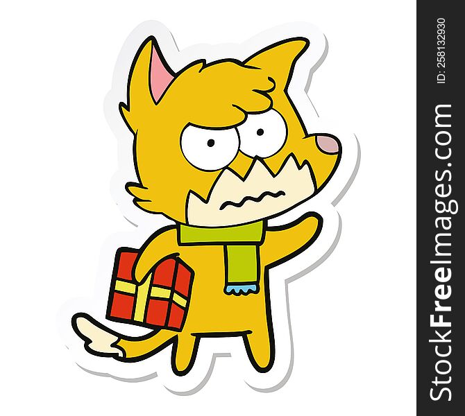 Sticker Of A Cartoon Annoyed Fox Carrying Gift