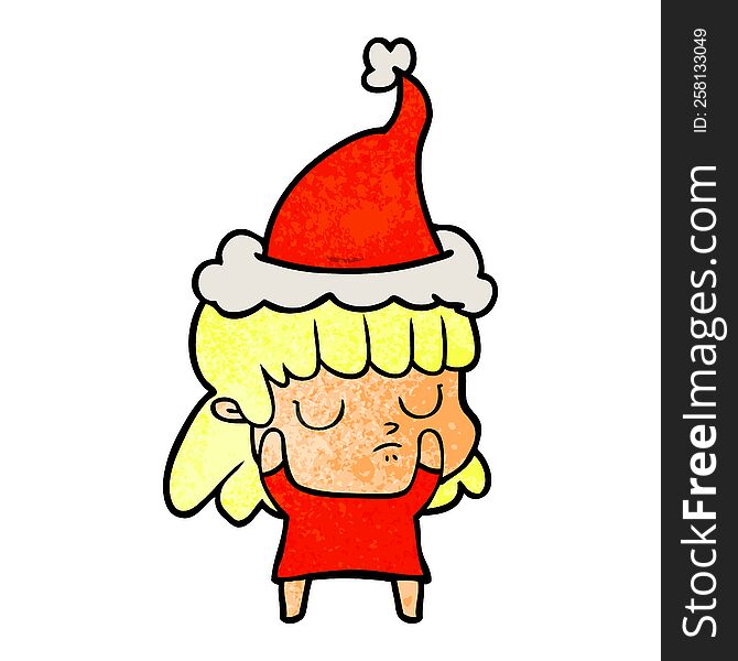 hand drawn textured cartoon of a indifferent woman wearing santa hat