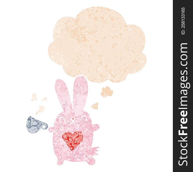 cute cartoon rabbit with love heart and coffee cup and thought bubble in retro textured style